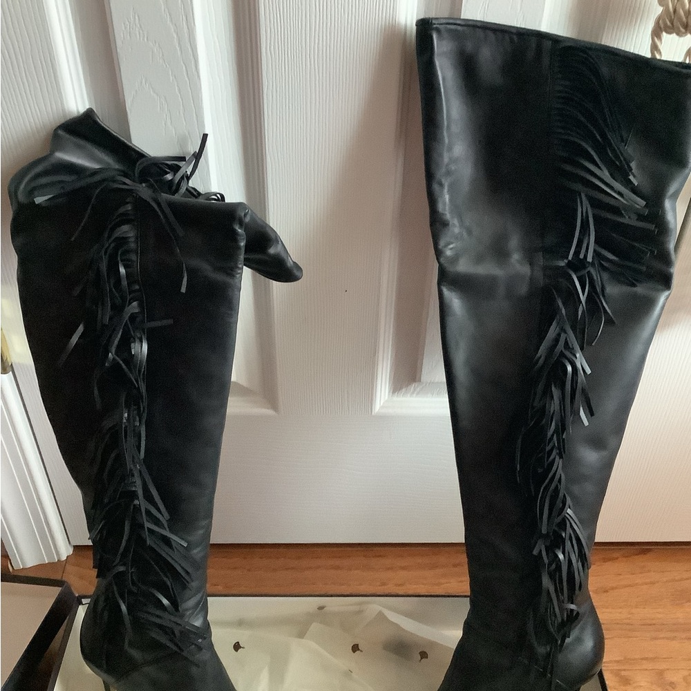 Chelsea Paris Leather Fringe Stiletto Over the Knee Boots